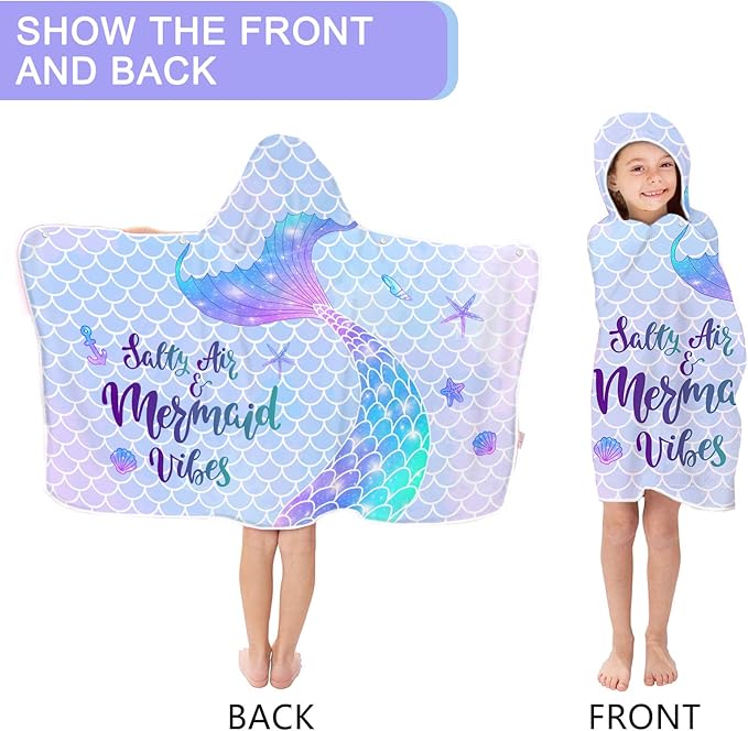Mermaid Kids Hooded Beach Towel, Mermaid Tail Microfiber Hooded Poncho Towel for Girls 30?x50?? Mermaid Scales Pink Soft Absorbent Bath Towels Bathrobe with Hood for Swin Pool