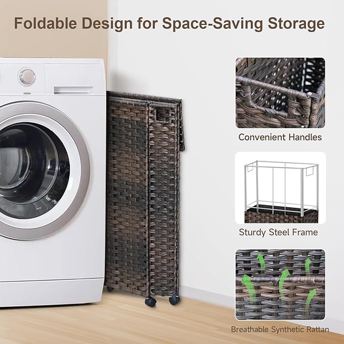 88L Slim Laundry Hamper with Wheels, 23.3 Gallon Rolling Laundry Basket with Lid, Tall and Narrow Laundry Hamper with 2 Removable Liner & 3 Mesh Laundry Bags, Laundry Sorter for Bathroom, Brown