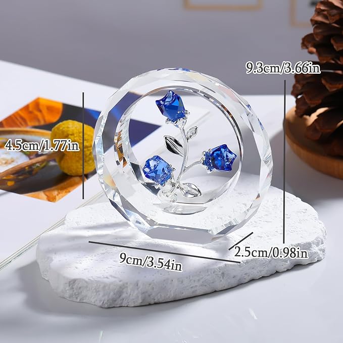 Crystal Blue Rose Bouquet Figurines Glass Flowers with Stems Valentines Anniversary Rose Gifts for Girlfriend Wife, Blue Crystal Rose in Glass Ring Collectible Figurines Forever Roses Decor