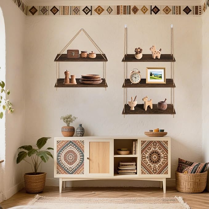 Hanging Floating Shelves for Wall,3 Tier Rustic Wood Wall Shelves for Bedroom,17.7'' Length Bathroom Shelves,Rope Hanging Shelf for Display Plants,Photo Frame,Boho Decor for Living Room