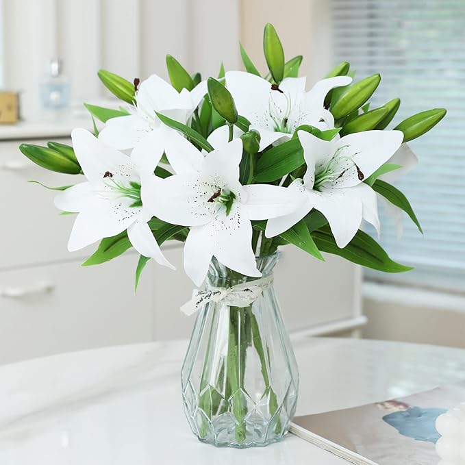 Hananona 8 Pcs Artificial Tiger Lily Real Touch Easter Lily Fake Spring Flowers for Wedding Home Party Easter Decoration Plastic Cemetery Faux Flowers (White, 8)
