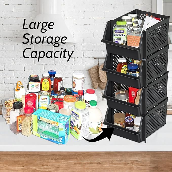 Skywin TidyFriend Stackable Storage Bins for Pantry, 4 Pack Stackable Bins For Organizing Food, Kitchen, and Bathroom Essentials (Black)