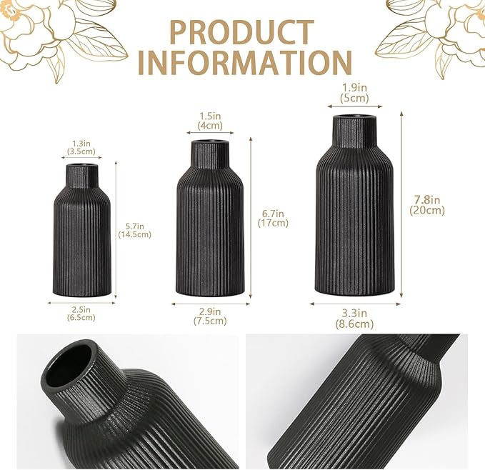 Black Ceramic Flower Vase Set of 3, Pampas Grass Small Vase for Dining Table, Shelf Decor, Mantel, Entry Decor and Centerpieces, Minimalist Modern, Bohemian