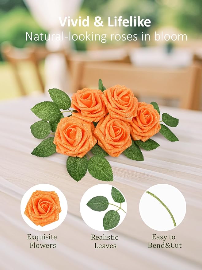 N&T NIETING Artificial Flowers Glowing Burnt Orange Flowers Foam 25pcs Glitter Roses Real Looking Fake Roses with Stem for DIY Wedding Bouquets Centerpieces Bridal Shower Party Home Decorations