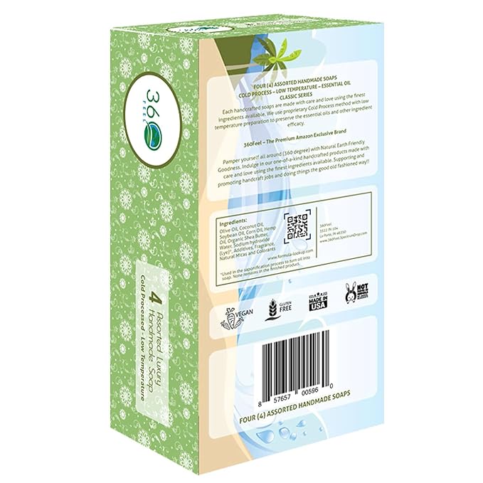 360Feel Assorted Handmade Soap Gift Set - Nourishing and Hydrating Bar Soaps - Infused with Four Refreshing Assorted Scents - Earthy, Floral, Fruity, and Sweet Fragrances - Ideal Gift - Set of 4
