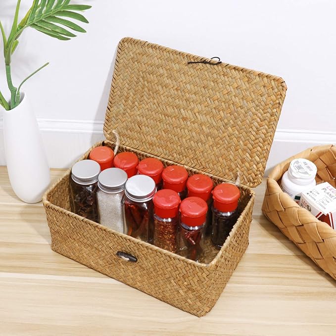 IMIKEYA Seaweed Baskets with Lids: Woven Baskets Seagrass Storage Woven Basket Straw Desktop Rattan Storage Basket Hand-Woven Storage Basket Organizer for Shelf Desktop Home Decor