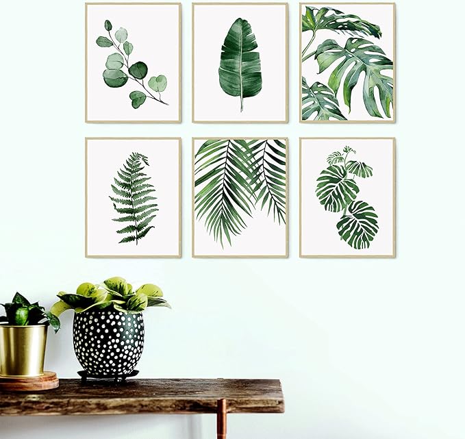 HoozGee Botanical Wall Art Prints Set of 6 Tropical Leaves Canvas Decor Plant Leaf Boho Wall Decor Pictures Green Boho Posters Art Set Bathroom Wall Art Decor (11"x14" UNFRAMED)