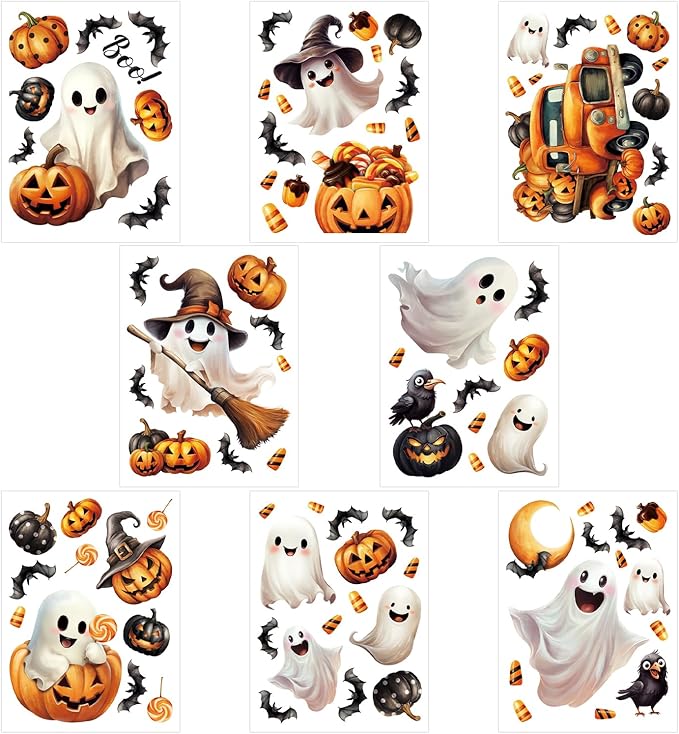 8 Sheet Halloween Window Clings, Ghost Pumpkin Bat Reusable Window Stickers Double Decals for Glass Window Halloween Decoration