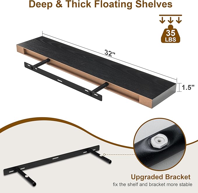 Fun Memories Floating Shelves for Wall, 32Inch Floating Shelves Set of 2, Hanging Shelf with Invisible Brackets, Wood Shelves for Living Room, Bedroom, Kitchen, Black