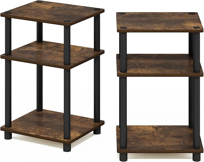 Furinno Just 3-Tier Turn-N-Tube End Table, 2-Pack, Amber Pine/Black