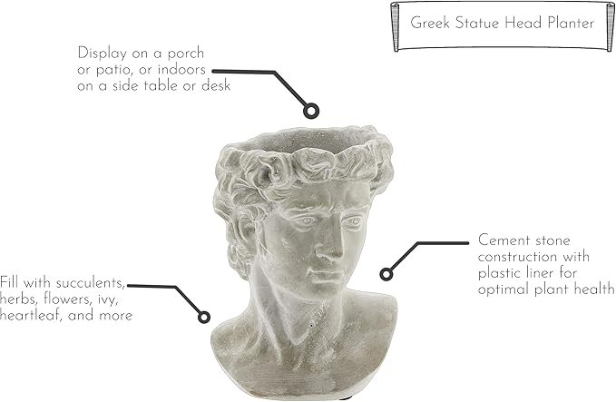 Greek Statue Head Cement Planter - Unique Sculpture Plant Pot for Indoor Outdoor Home Garden Decor (9")