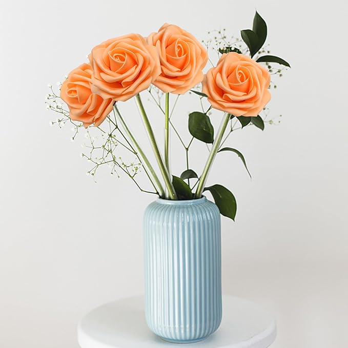 Artificial Flowers 50Pcs Orange Roses Real Looking Foam Fake Roses with Leaves for DIY Wedding Bouquets Bridal Shower Centerpieces Party Decorations (Orange, 50)