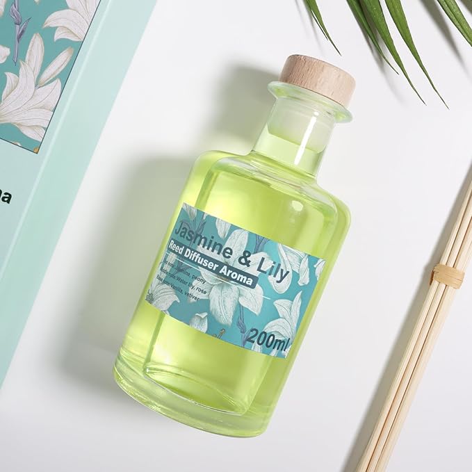 Reed Diffuser Set - 200ml Jamine & Lily Essential Oil Set Includes Rattan Sticks, 6.8fl oz Flower Aroma, Large Glass Bottle, Bathroom Air Freshener, Home Fragrance for Shelf Room Decor