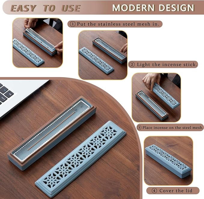 Incense Holder,Ceramic Incense Holder for Sticks with Ash Catcher,Coffin Style Incense Box,Incense Burner for Meditation Yoga Spa Room Decor(Blue)