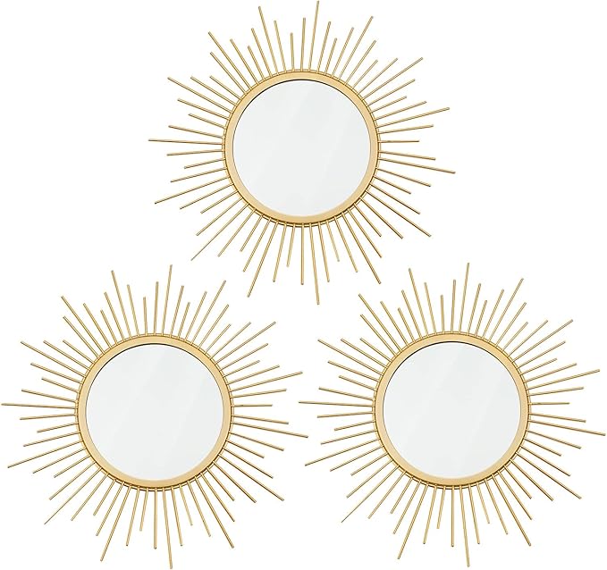 3 Pack Metal Mirrors for Wall Sunburst Wall Mirrors Home Décor Decorative Hanging Wall Art for Living Room Bedroom Entryway (Gold, Sunburst)