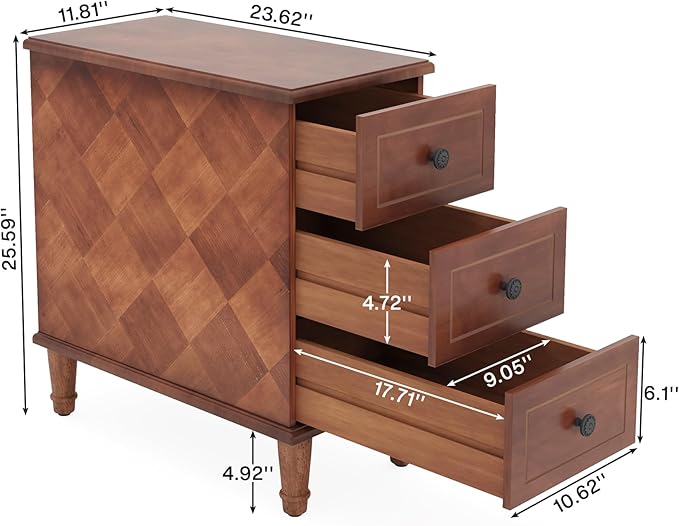Tribesigns Solid Wood End Table, Fully Assembled Narrow Side Table with Drawers, Pre-Assembled Nightstand Slim Bedside Table for Small Spaces, Living Room, Bedroom, Brown, 2 Pcs