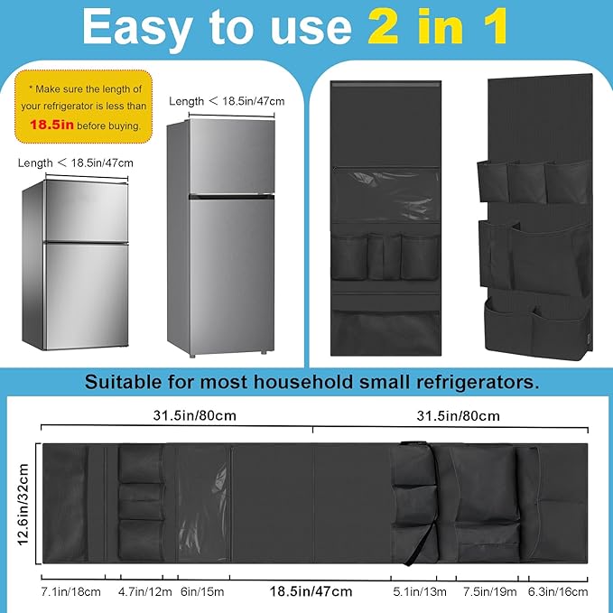 homyfort Mini Fridge Organizer, Over The Fridge Storage Organizer with 14 Pockets, College Dorm Storage for Office, Kitchen, Home, School, Black