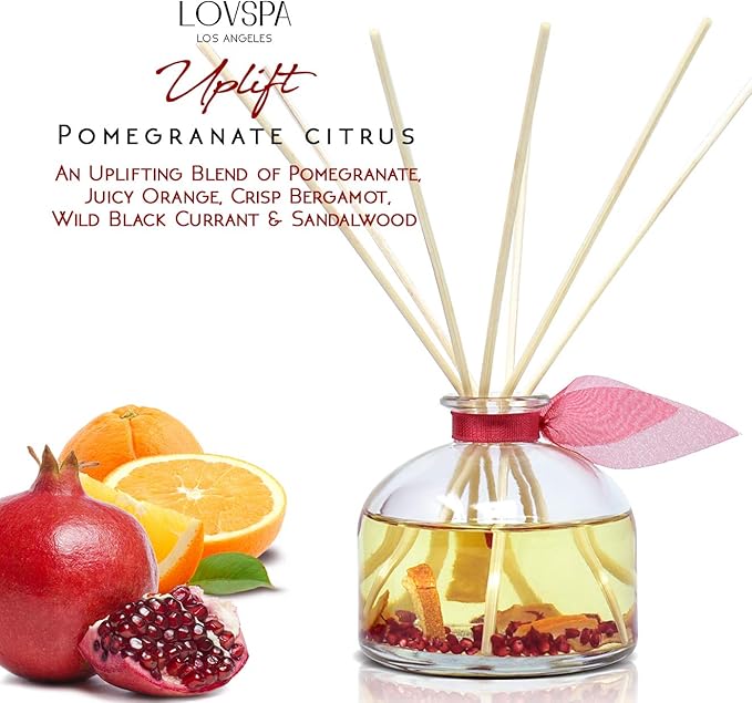 LOVSPA Uplift Pomegranate & Citrus Essential Oil Aromatherapy Reed Diffuser Set - Scented Reed Sticks - Juicy Orange, Bergamot, Black Currant & Sandalwood w/Real Orange Slices