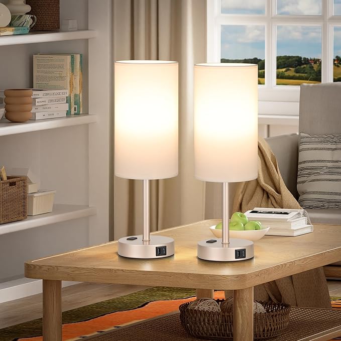 17inches Tall Touch Bedside Table Lamps Set - 3 Way Dimmable Bedroom Lamp Set of 2 with USB C and A Ports, Lamps for Nightstand with AC Outlet, Gold Base Round Flaxen Shade for Desk, Office, Dorm