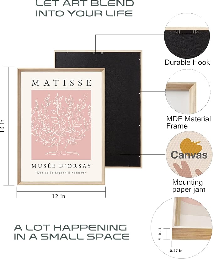Framed Matisse Pink Canvas Wall Art,Abstract Matisse Canvas Wall Decor,16x12IN High Framed Wood Design Print,Minimalist Classic Decor Aesthetic for Living Room,Bedroom,Bathroom Set of 3