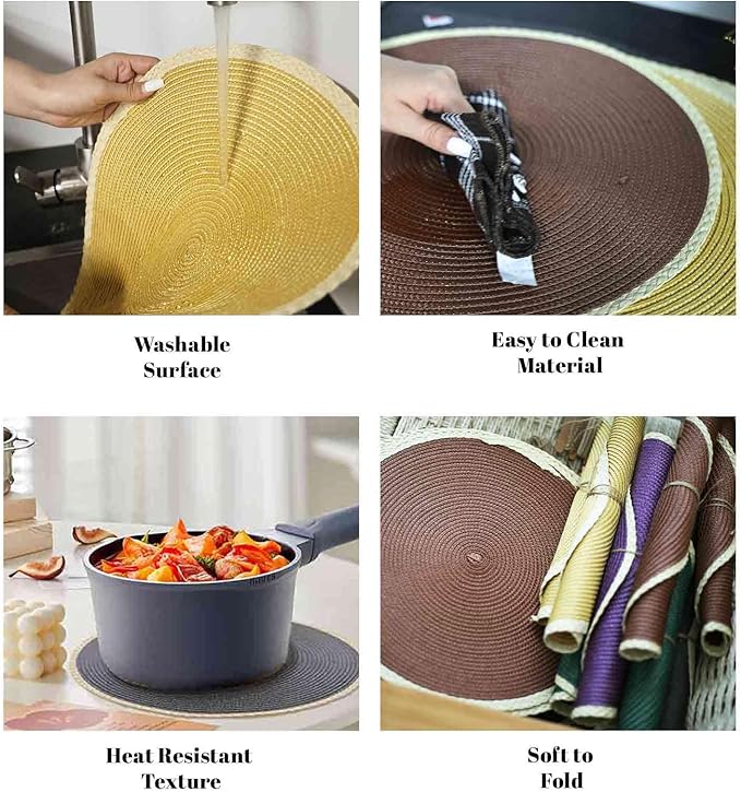 Noctiflorous Round Braided Placemats Set of 6 Table Mats 15 Inches Washable Heat Resistant for Dining Table Non-Slip Indoor Outdoor Place Mats for Easter(01 Pine Green 6)