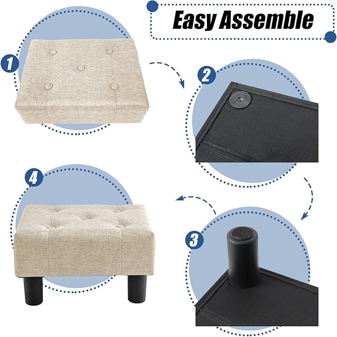 BRIAN & DANY Small Foot Stool, Linen Foot Stools with Legs, Stable Small Footstool for Living Room, Beige