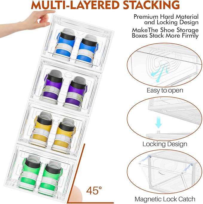 6 Pack Thicken Shoe Organizer Stackable,Upgraded Sturdy Shoe Storage Box with Magnetic Door,Shoe Containers for Sneaker Display,White