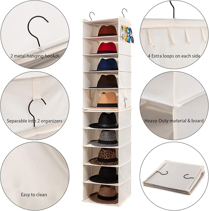 Hat Rack for Closet Organizer and Storage, Fedora Panama Trilby Cowboy Straw Hat Wide Brim Cap Holder, Hanging Organization 10 Shelves Easy to Install (Beige)