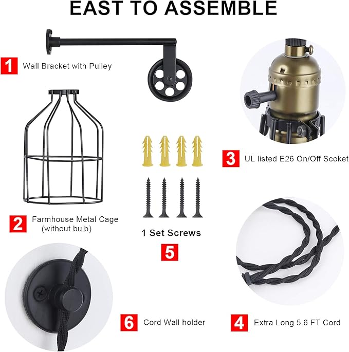 Industrial Wall Sconce Lights Lift Pulley Design Vintage Farmhouse Wall Lamps for Living Room Decor, Retro Mounted Fixture with Wheel Pendant Lamp for Bedroom(No Bulb)