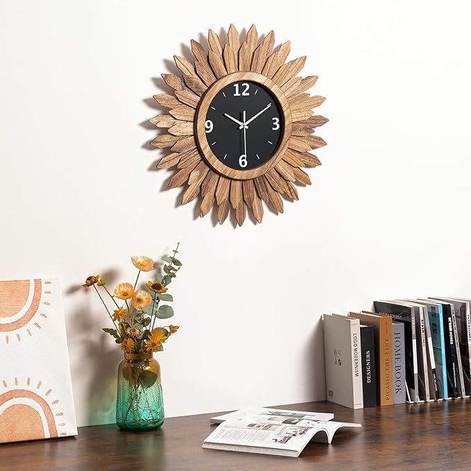 Honiway 16 Inch Wall Clocks, Rustic Wood Boho Sunburst Decorative Wall Clock Battery Operated Silent Non Ticking Farmhouse Large Wall Clocks for Living Room Kitchen Bedroom Home Decor (Rustic Brown)