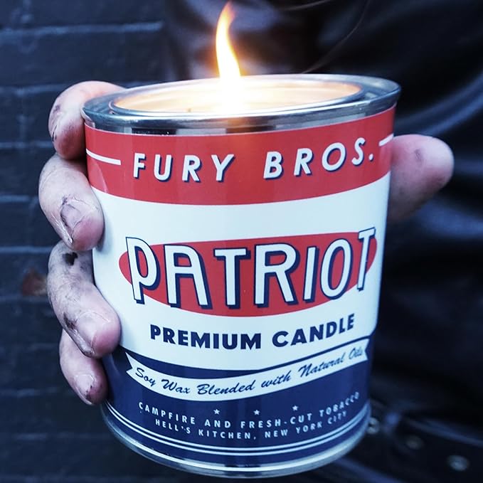 Scented Candles for Men | Patriot | Campfire & Fresh-Cut Tobacco | Natural Soy Wax | Hand-Poured in The USA | Long 70-80 Hour Burn (12.5 oz) | Vintage-Inspired Tin Design | Dad Home Gift