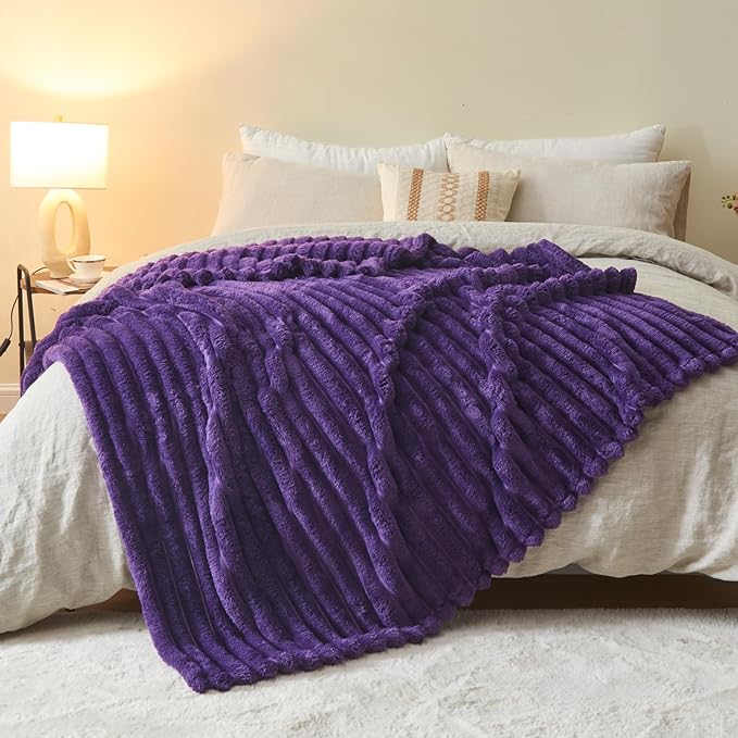 NEWCOSPLAY Super Soft Twin Blanket Purple Premium Silky Flannel Fleece 3D Ribbed Jacquard Lightweight Bed Blanket All Season Use (Purple Ribbed, Twin(60"x80"))