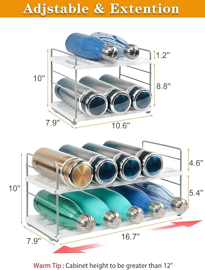 Water Bottle Organizer For Cabinet, Adjustable Tumbler Storage, Expandable Water Bottle Holder For Kitchen Organization, 2 Tier Cup Organizer For Sports Flask Insulated Travel Mug Fridge, White