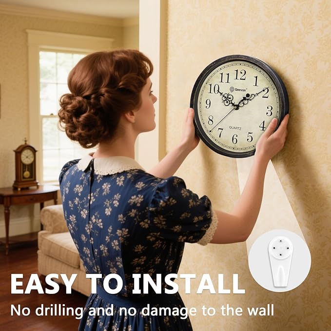 Geevon Vintage Wall Clock 10" Silent Non-Ticking - Retro Round Quartz Battery Operated Decorative Clock for Kitchen, Living Room, Bedroom, Office, Classroom