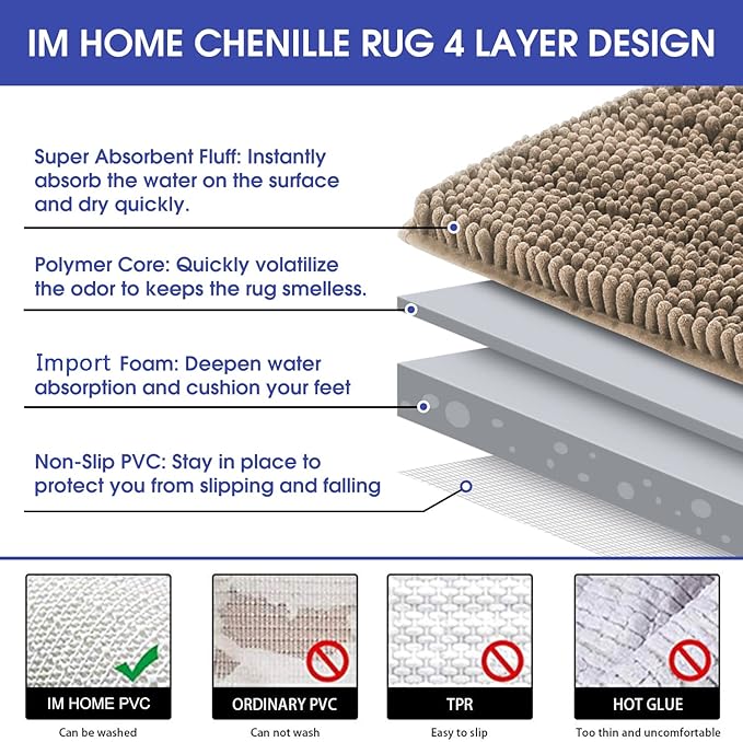 ACCUMTEK Striped Dark Beige Toilet Bathroom Rug Mat 24" x 20" Contour Rug Ultra Soft, Non Slip Chenille Bath Rugs, Absorbent Plush Shaggy Bath Mats for Bathroom, Bedroom, Kitchen, Shower, Tub,Taupe