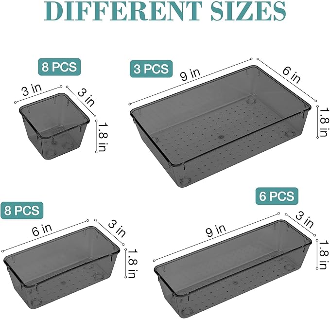 25 PCS Drawer Organizer Set, 4 Varied Size Bathroom and kitchen Drawer cabinet organizer Trays, Clear Storage Bins for Makeup, Jewelry, Utensils and Gadgets,Black