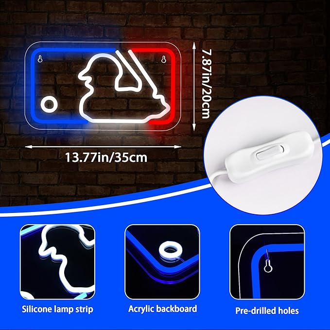 FMXD150 Neon LED Sign for Wall Decor, Man Cave, Bedroom - Baseball USB Powered Light Up Sign, Size 13.8 * 7.9 inches