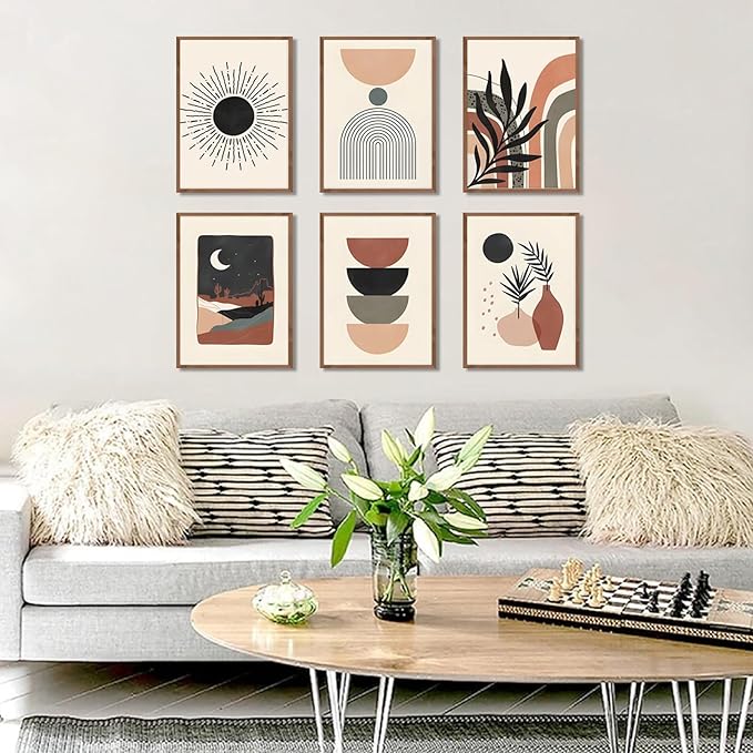 RETRART Boho Wall Decor for Bedroom, Art Home Palm Leaf Sun Moon Line Gallery Abstract Art, Minimalist | Unframed 8 inx10 inx6 PCS
