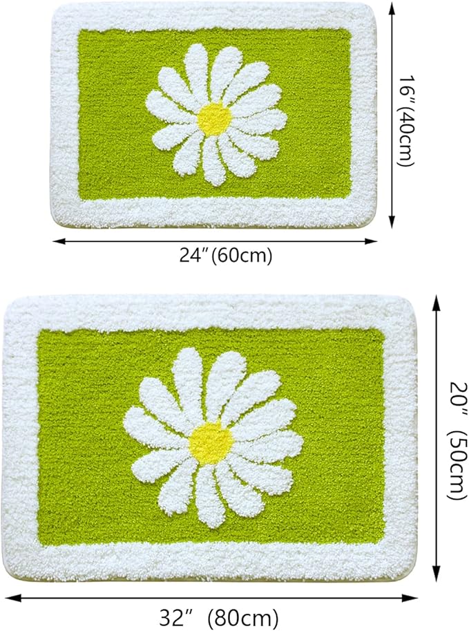 Bathroom Rugs Mat, White Flower Bath Rugs Fluffy Soft Superfine Fiber Rugs Non Slip Bath Mat Machine Wash Plush Mats, Bathroom Rug for Bathroom Shower Room (16"×24", Green)