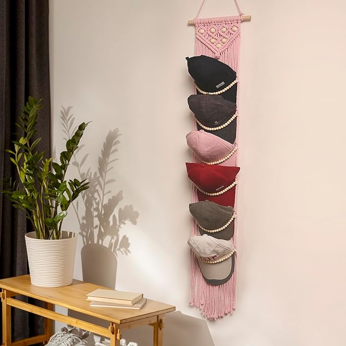 Ball Cap Hanger-1 Pack-Boho Macrame Cap Holder Wall Hat Organizer for Baseball Cap Holder Over Door, Hat Rack for Wall, Cap Rack for Decoration and Display(Pink)