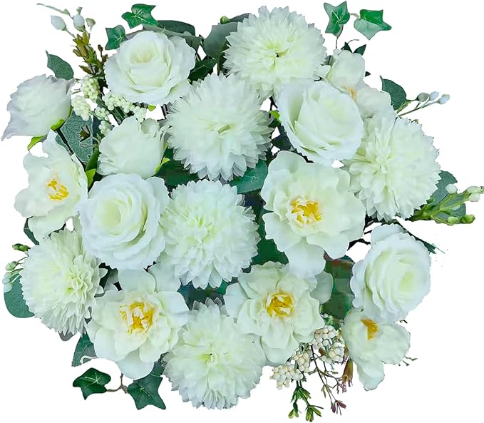Premium Artificial Flowers, White Silk Flower Bouquets, Ivory Fake Flowers Decoration, Faux Floral Arrangements for Wedding Bridal Bouquets, Home Decor, Baby Shower, Table Centerpieces