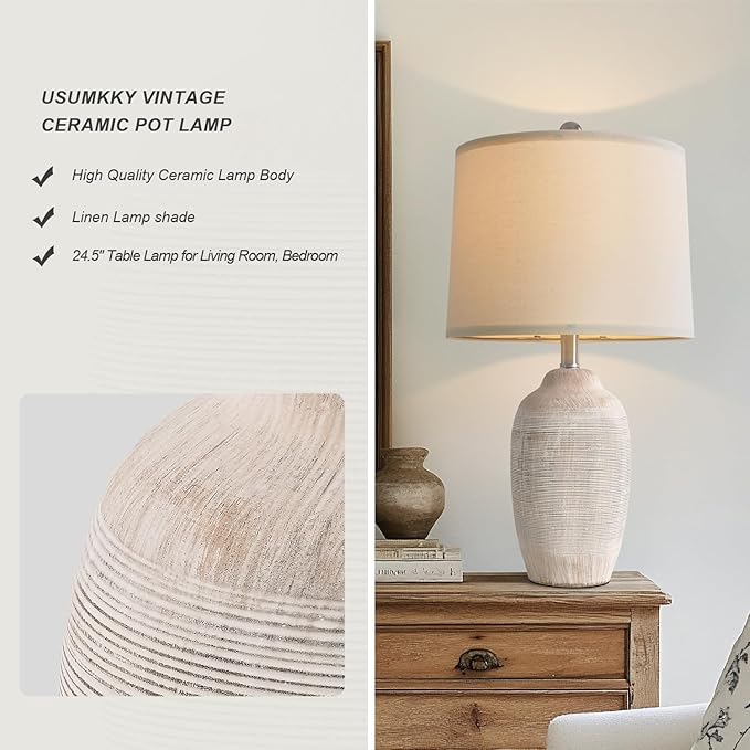 24.5" Vintage Ceramic Pot Table Lamp, Farmhouse Rustic Lamp for Living Room,Single Bedside Lamp for Bedroom, End Tables and Nightstand