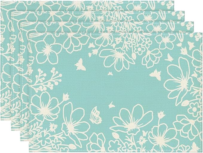 Artoid Mode Blue Bloom Flowers Summer Placemats Set of 4, 12x18 Inch Seasonal Spring Table Mats for Party Kitchen Dining Decoration