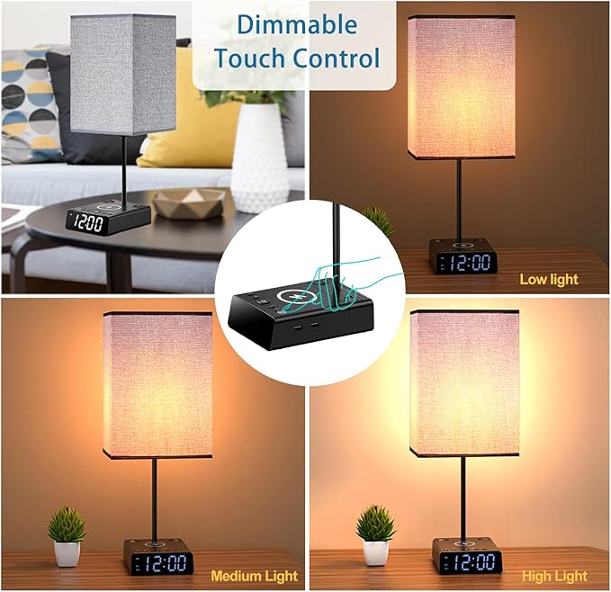 Bedside Lamp with USB Ports & AC Outlets, 15W Wireless Charger Table Lamp with Clock, 3 Way Dimmable Nightstand Lamps for Bedroom Living Room,Touch Lamp with Charging Station,Grey Shade & Black Base