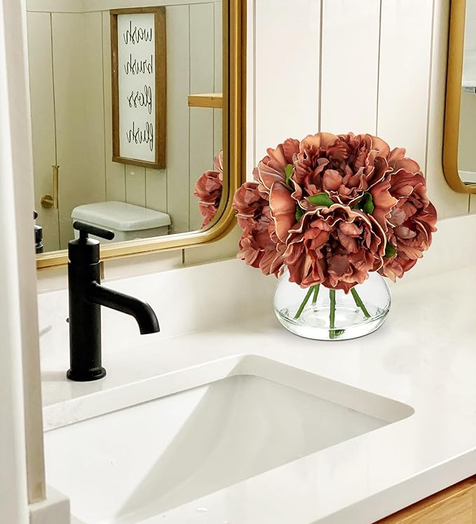 Hollyone Coffee Peonies Artificial Flowers with Vase Faux Flowers Peony Fake Flowers Silk Flower Arrangements in Glass Vase with Faux Water for Home Decor Bathroom Table Centerpiece Shelf Decorations