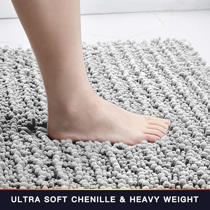Walensee Large Bathroom Rug Non Slip Bath Mat (72x24 Inch Light Grey) Water Absorbent Super Soft Shaggy Chenille Machine Washable Dry Extra Thick Perfect Absorbant Best Plush Carpet for Shower Floor