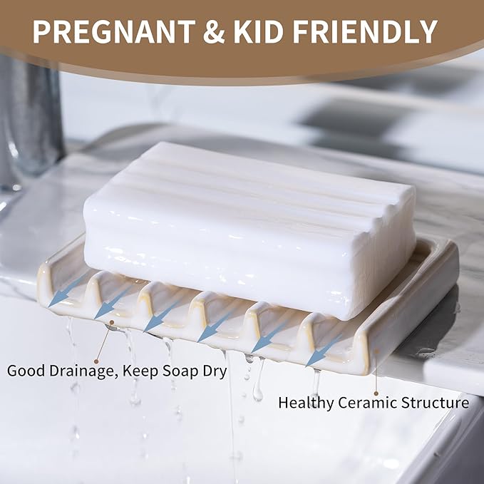 Self Draining Premium White Ceramic Waterfall Soap Dish, Bar Soap Holder, Shower Soap Holder Sponge Holder Soap Tray Savers for Bathroom, Shower, Kitchen, Sink and Countertop