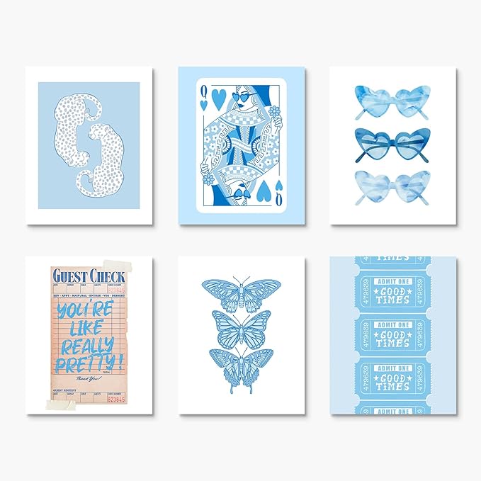 Habseligkeit Cute Blue Wall Art Prints, Butterfly Wall Decors for Room Aesthtic, Abstract Posters for Girls' Bedroom Wall Decor Aesthetic Unframed, 8X10in, Set of 6