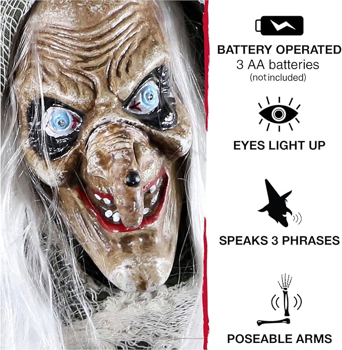 Haunted Hill Farm Life-Size Scary Talking Witch, Animatronic with Touch Activated Lights and Sound, Battery Operated Indoor or Covered Outdoor Decoration, Creepy Halloween Prop