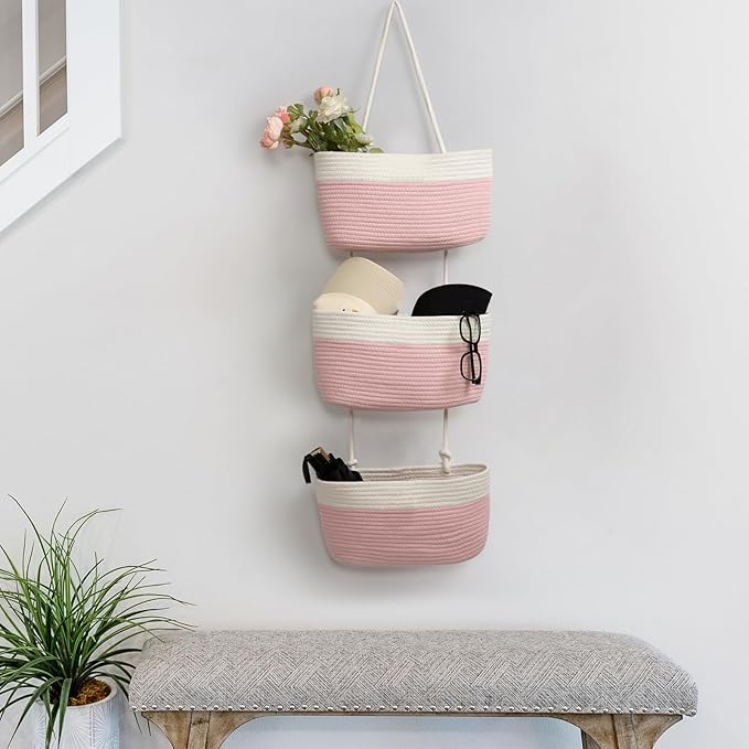 TeoKJ Over the Door Organizer, 3-Tier Woven Cotton Hanging Kitchen Baskets Storage Organizer Bag with Hooks Wall-Mounted Decorative Rope Baskets - Pink+White